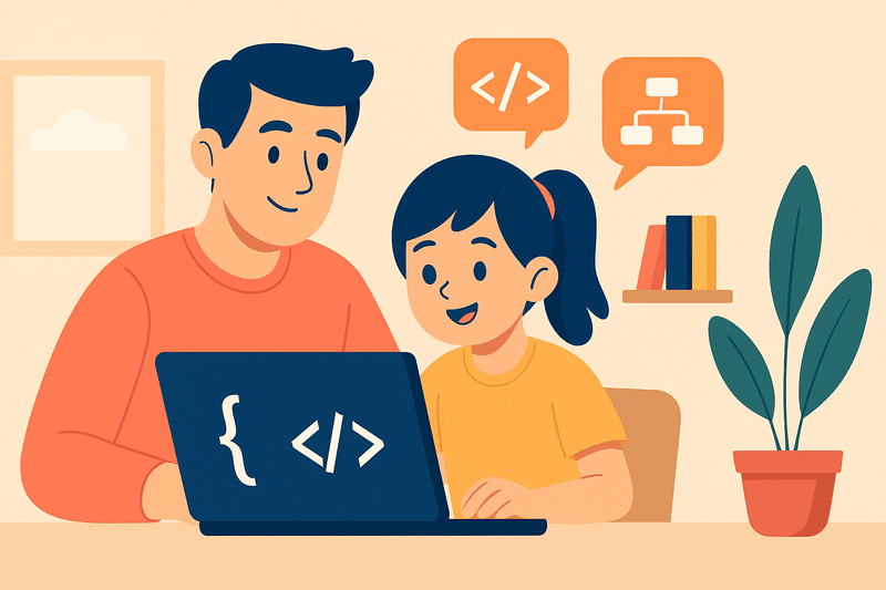 Ilustrație cu un copil și un părinte la laptop, învățând programare prin joacă, cu roboței și blocuri colorate.